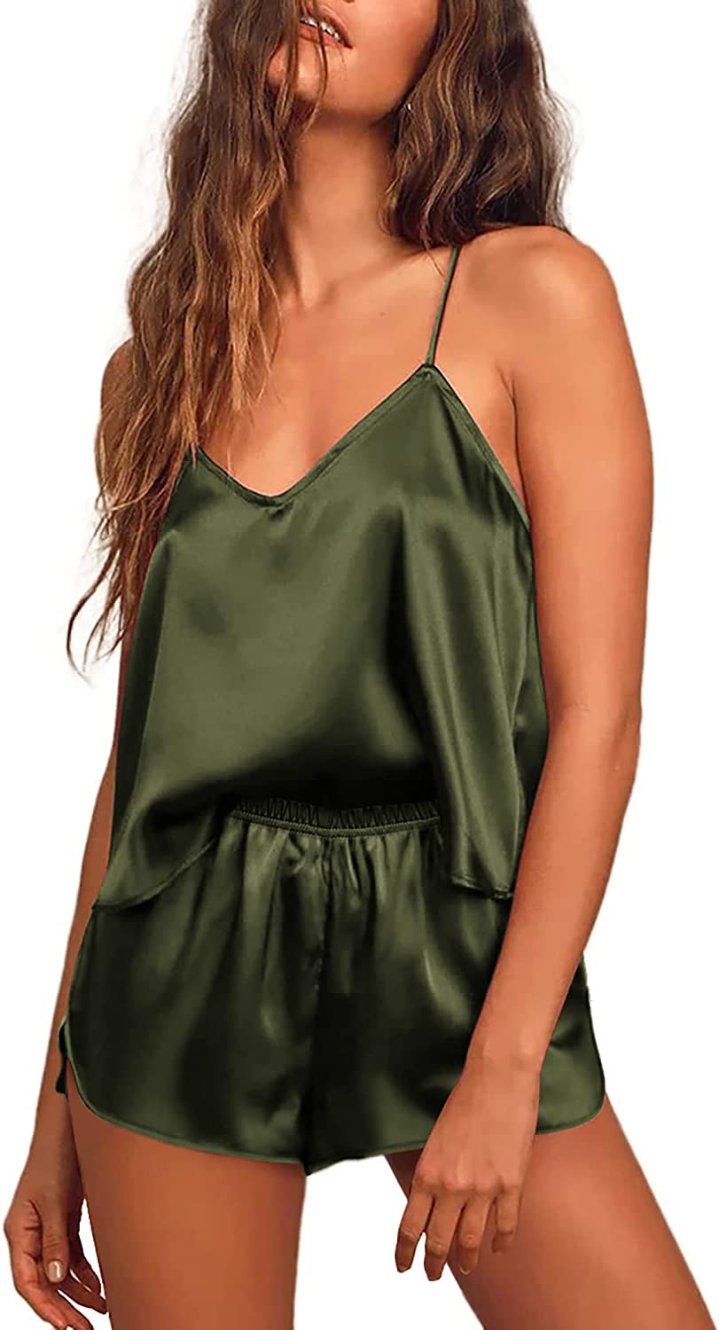 Ekouaer Satin Sleepwear for Women Silk Soft Lingerie Pajamas Cami Shorts Set Grey - Image 2